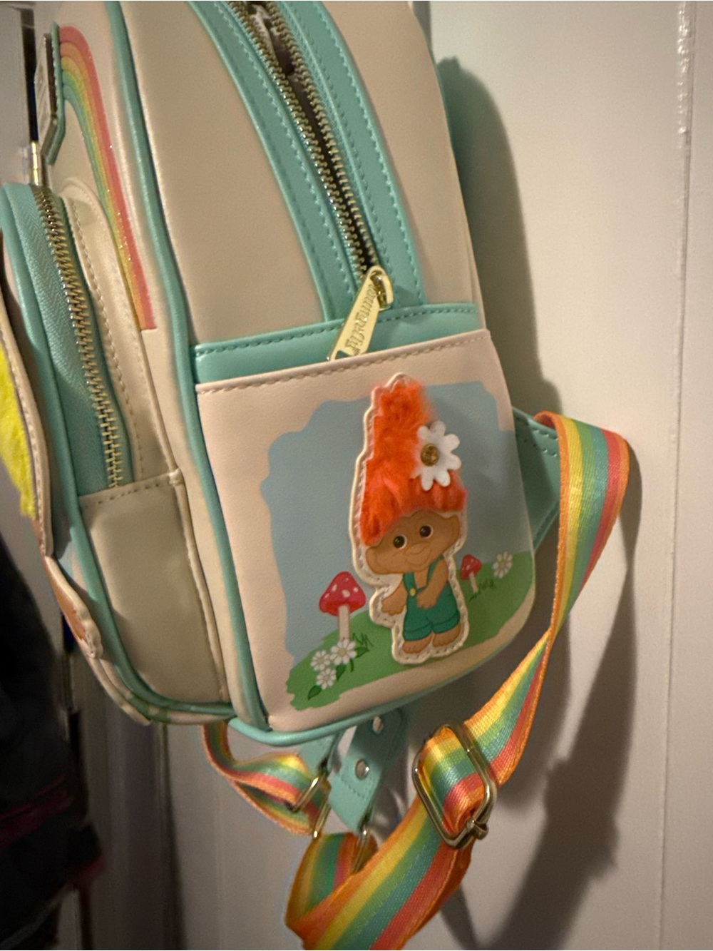 Loungefly Pastel Rainbow Trolls Mini Backpack with Green & Yellow Hair - Picture 2 of 5